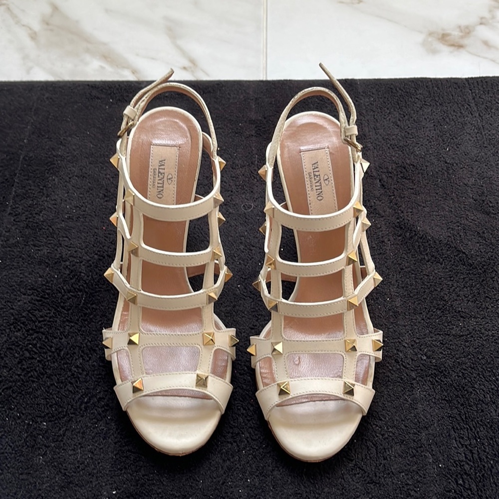 Valentino Beige Gold Rockstud Strappy Heels